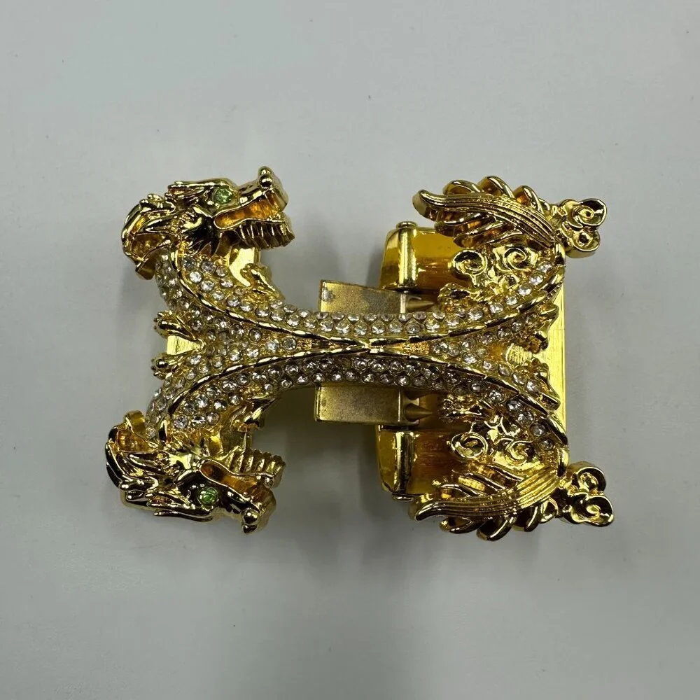 Double Dragon Rhinestone Ratchet Belt Buckle Gold Tone Automatic Slide